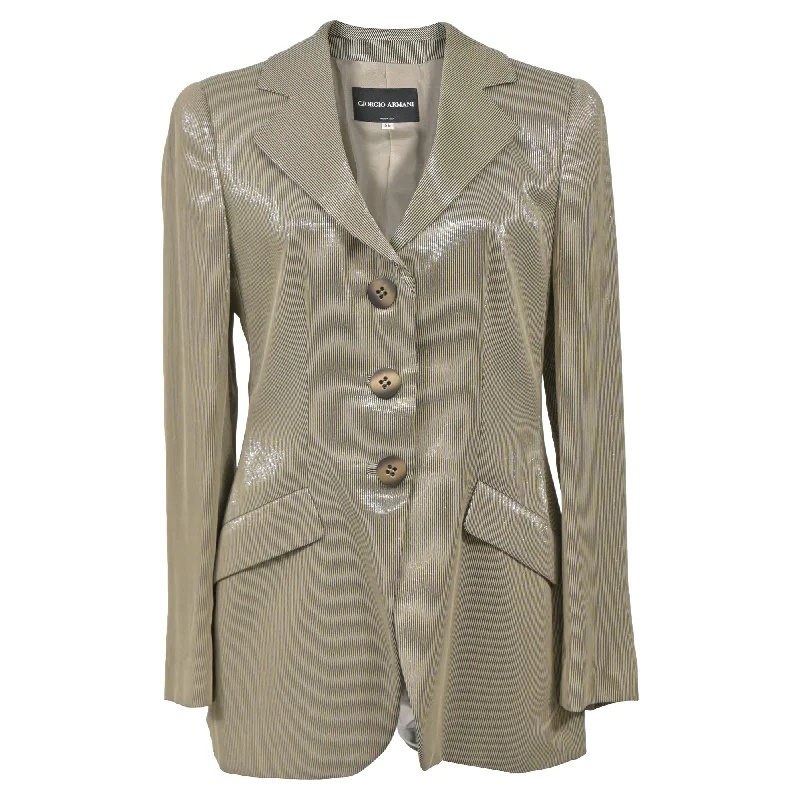 Giorgio Armani Sheered Stripe Single-Breasted Blazer in Beige Polyester