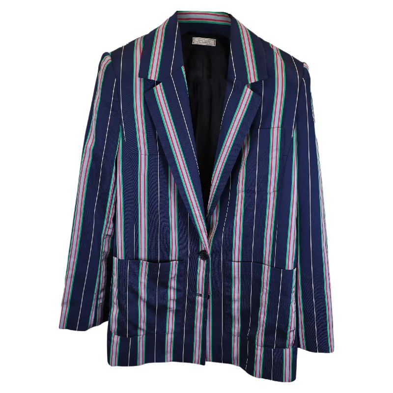 Nina Ricci Striped Single-Breasted Blazer with Pockets in Navy Blue Acetate